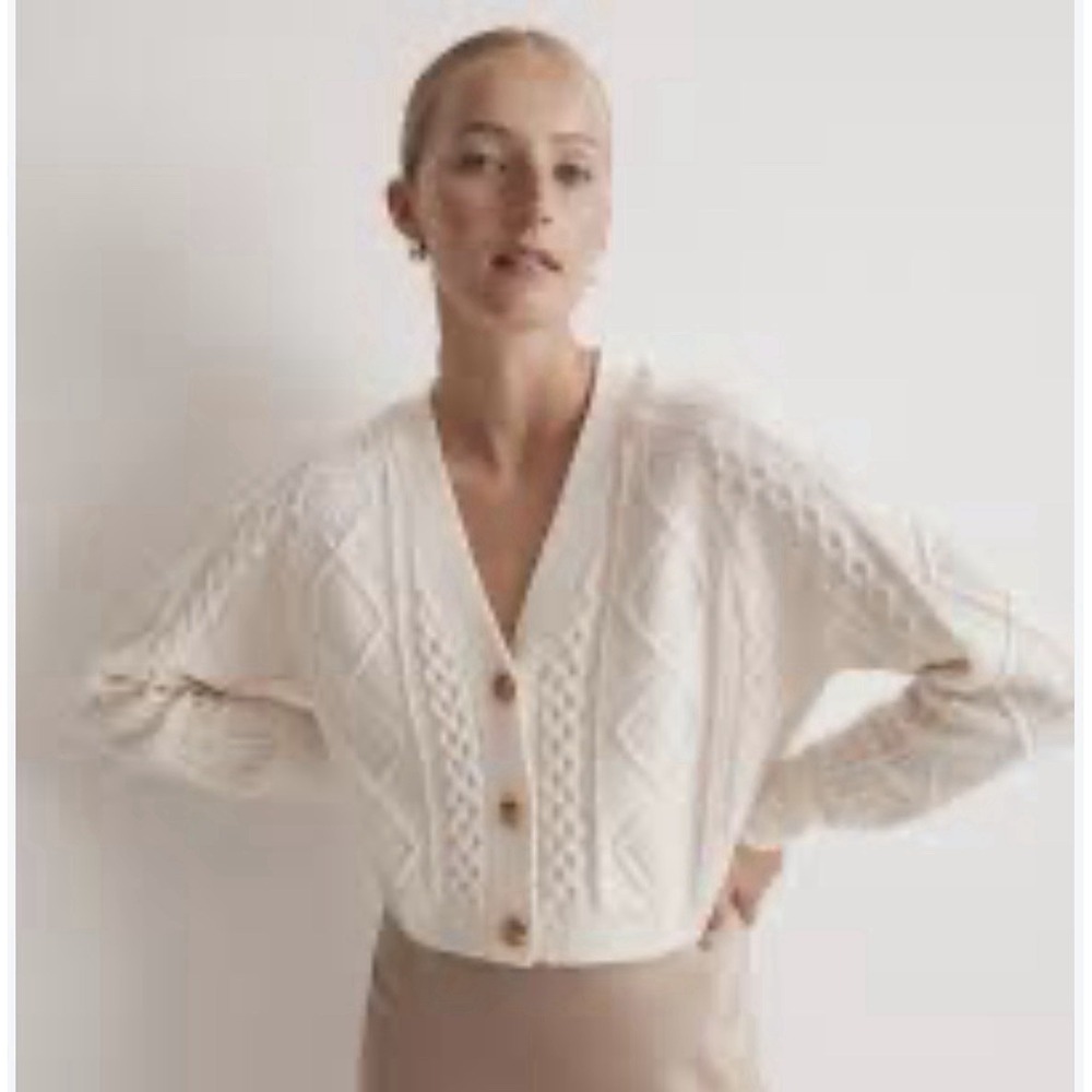 Madewell Cable Knit Cropped Cardigan Wool Ivory Cream Sweater L Preppy Casual